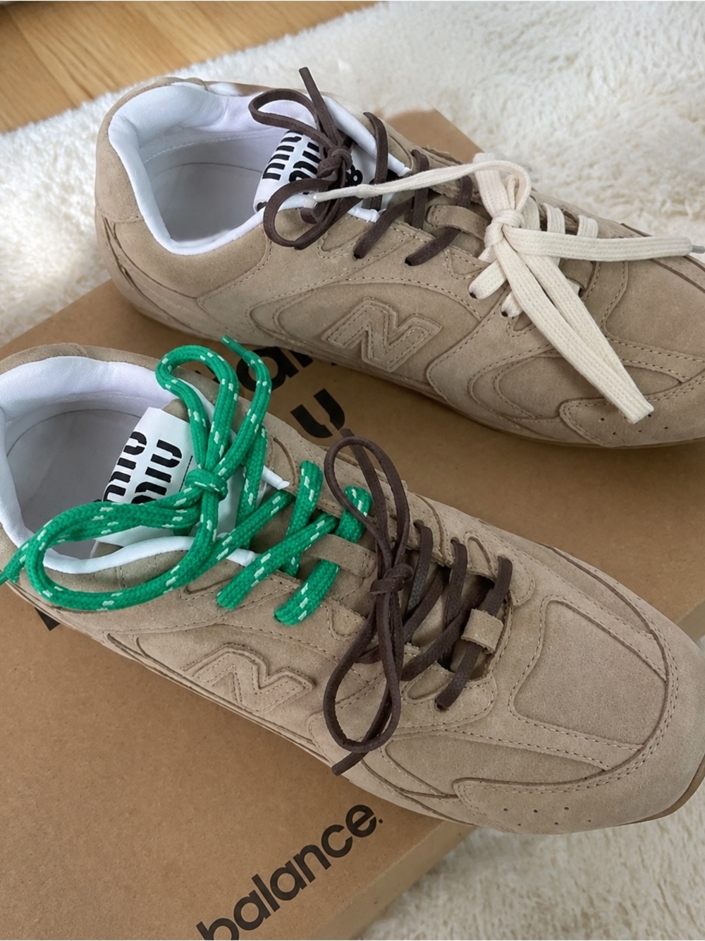 New Balance Beige Suede Sneakers with Green, Brown & Cream Laces